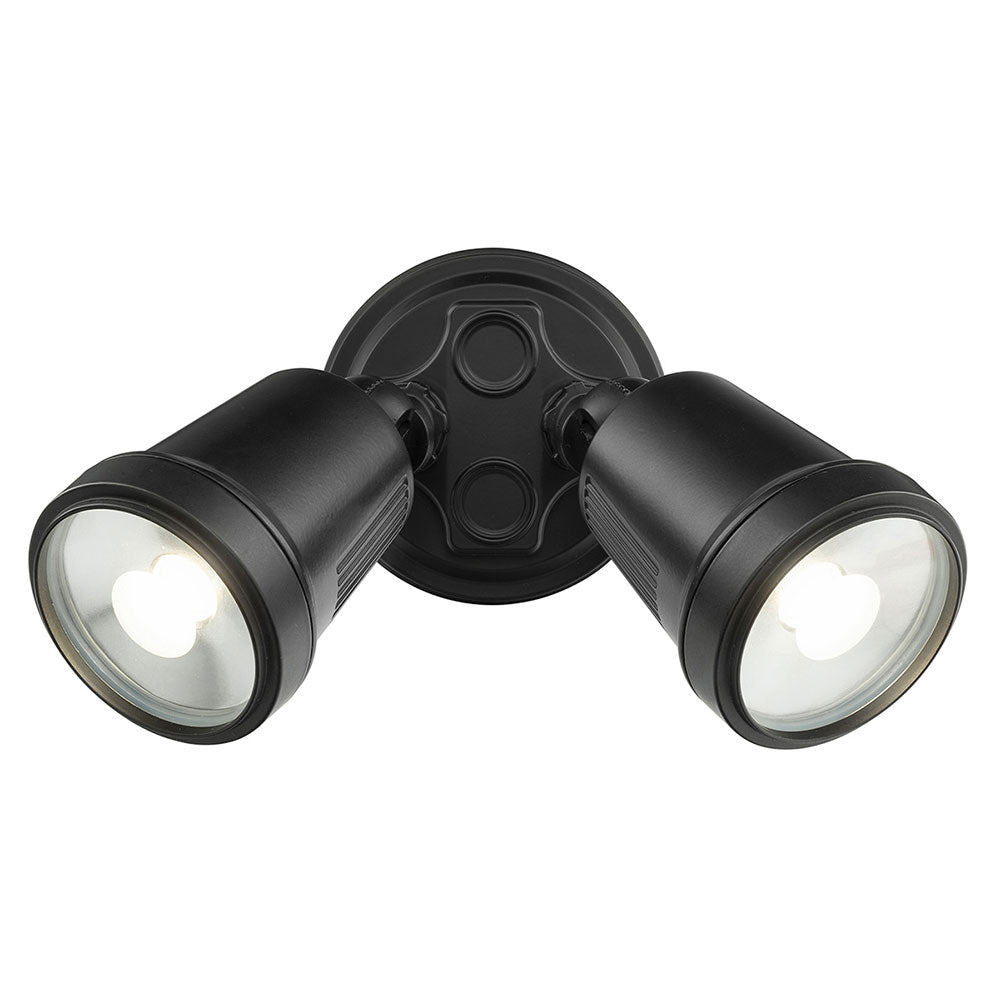 Black outdoor flood light fixture on a white background