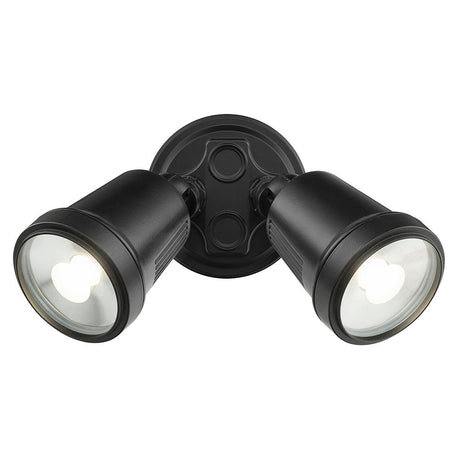 Black outdoor flood light fixture on a white background