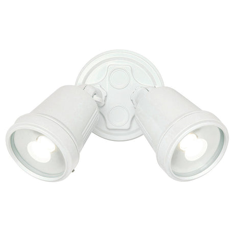 White outdoor security light fixture on a white background