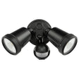 Black outdoor security light fixture with two lights and a motion sensor on a white background