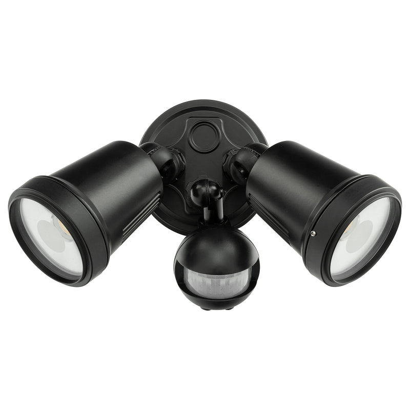 Black outdoor security light fixture with two lights and a motion sensor on a white background