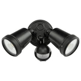 Black outdoor security light fixture with two lights and a motion sensor on a white background