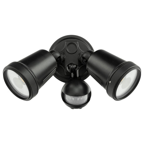 Black outdoor security light fixture with two lights and a motion sensor on a white background
