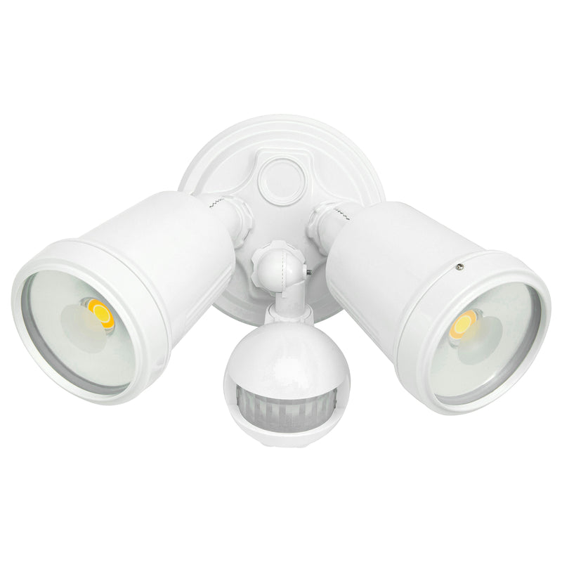 White outdoor security light fixture with two lights and a sensor on a white background