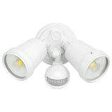White outdoor security light fixture with two lights and a sensor on a white background