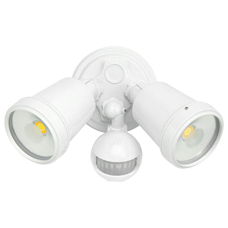 White outdoor security light fixture with two lights and a sensor on a white background