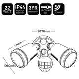 Technical drawing of a three-light fixture with dimensions and certification icons on a white background