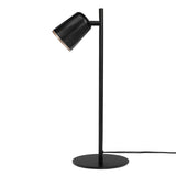 Black table lamp with adjustable head on a white background