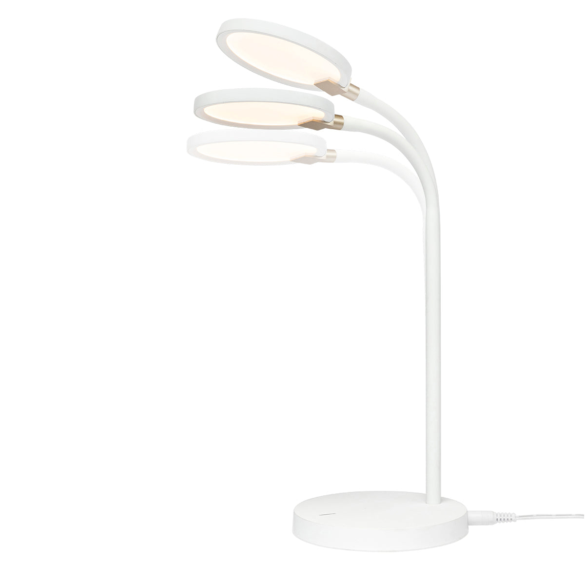 White LED desk lamp with three adjustable lights on a white background