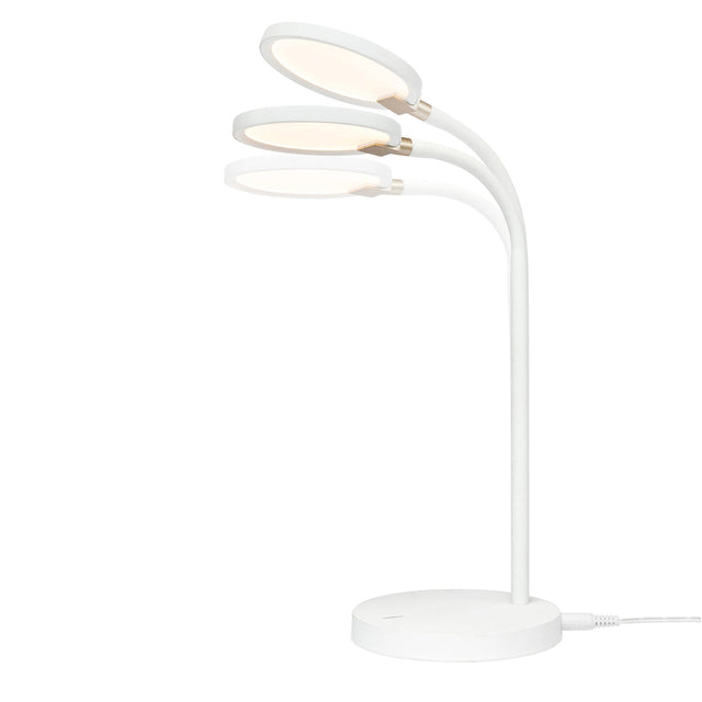 White LED desk lamp with three adjustable lights on a white background
