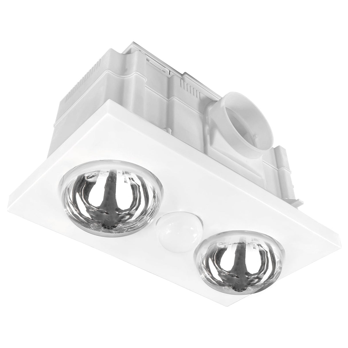White recessed ceiling light fixture with two circular lights on a white background