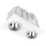 White recessed ceiling light fixture with two circular lights on a white background