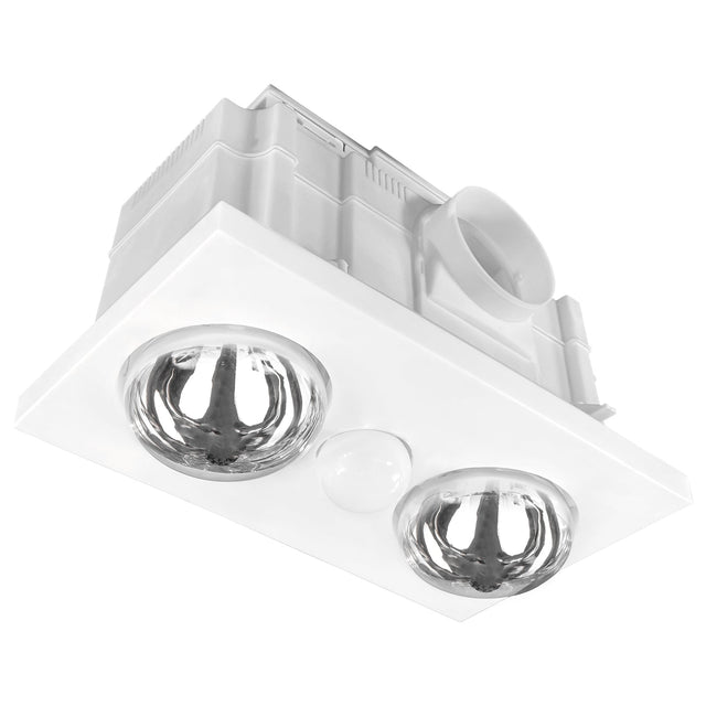 White recessed ceiling light fixture with two circular lights on a white background