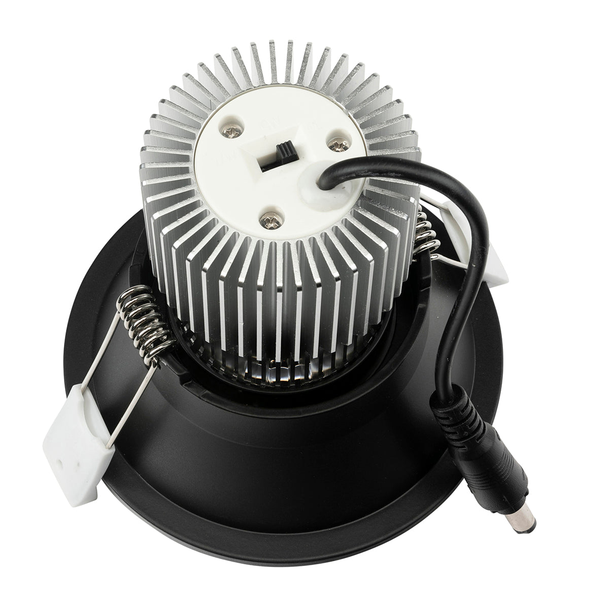 Light fixture with heat sink and wiring on a white background