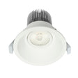 White recessed ceiling light with silver heat sink on a white background
