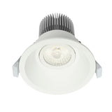 White recessed ceiling light with silver heat sink on a white background