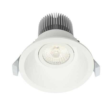 White recessed ceiling light with silver heat sink on a white background