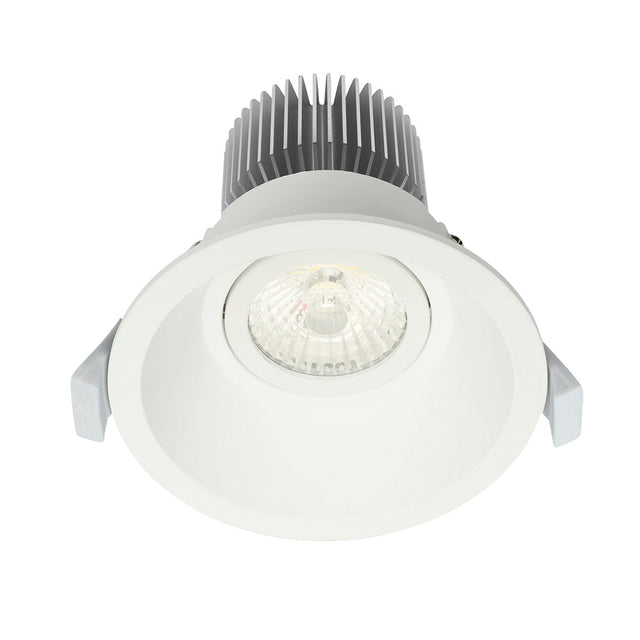 White recessed ceiling light with silver heat sink on a white background