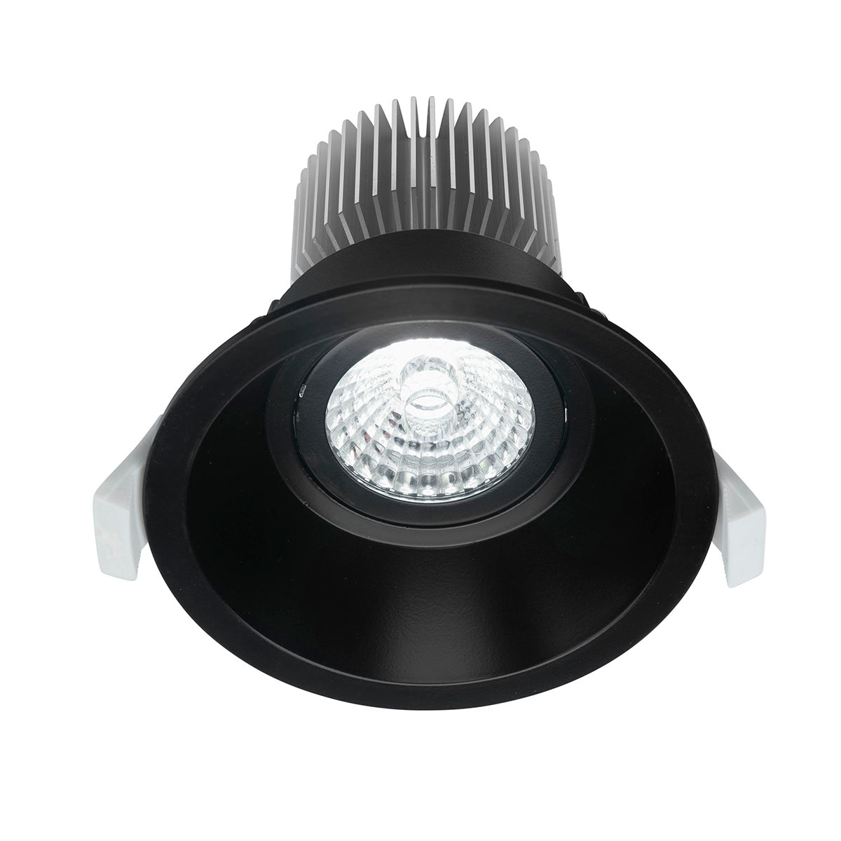 Black LED downlight with metallic heat sink on a white background