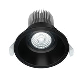 Black LED downlight with metallic heat sink on a white background