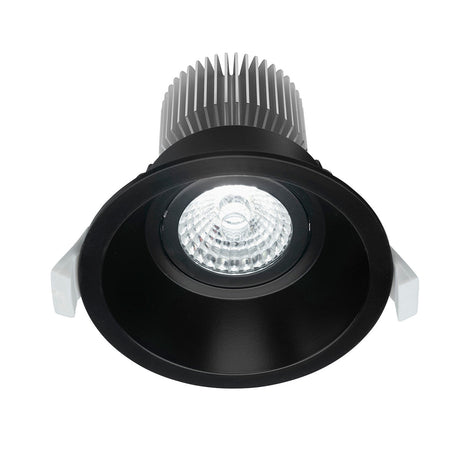 Black LED downlight with metallic heat sink on a white background