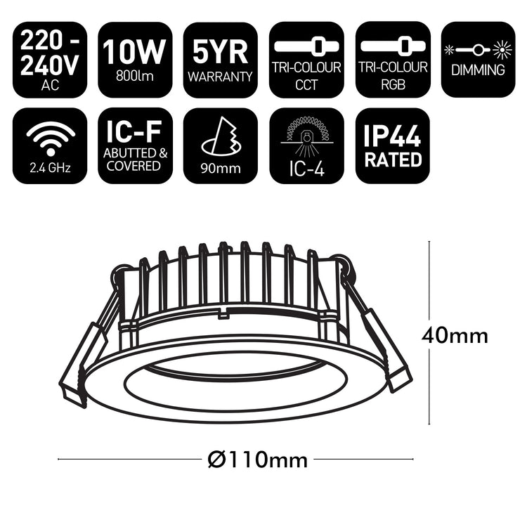 Technical specifications and dimensions of a LED downlight on a white background