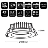 Technical specifications and dimensions of a LED downlight on a white background