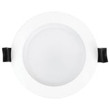 Round white light fixture with black trim on a white background
