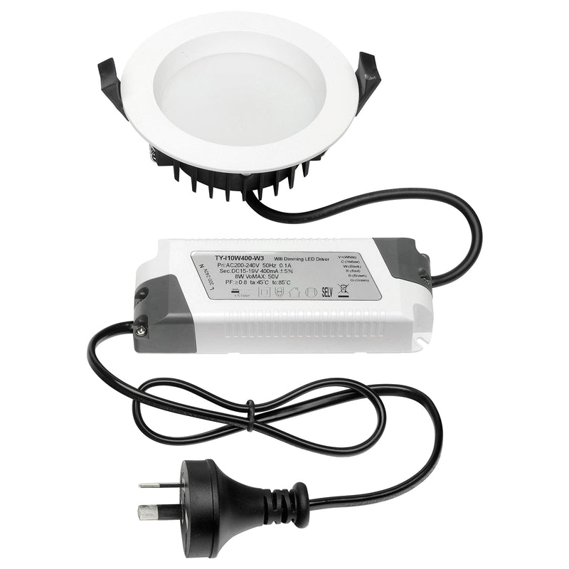LED downlight with power supply on a white background