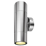 Chrome outdoor wall light fixture on a white background