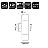 Wall-mounted light fixture with specifications and dimensions on a white background