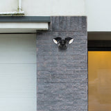 Outdoor security camera mounted on a stone wall next to a building entrance.