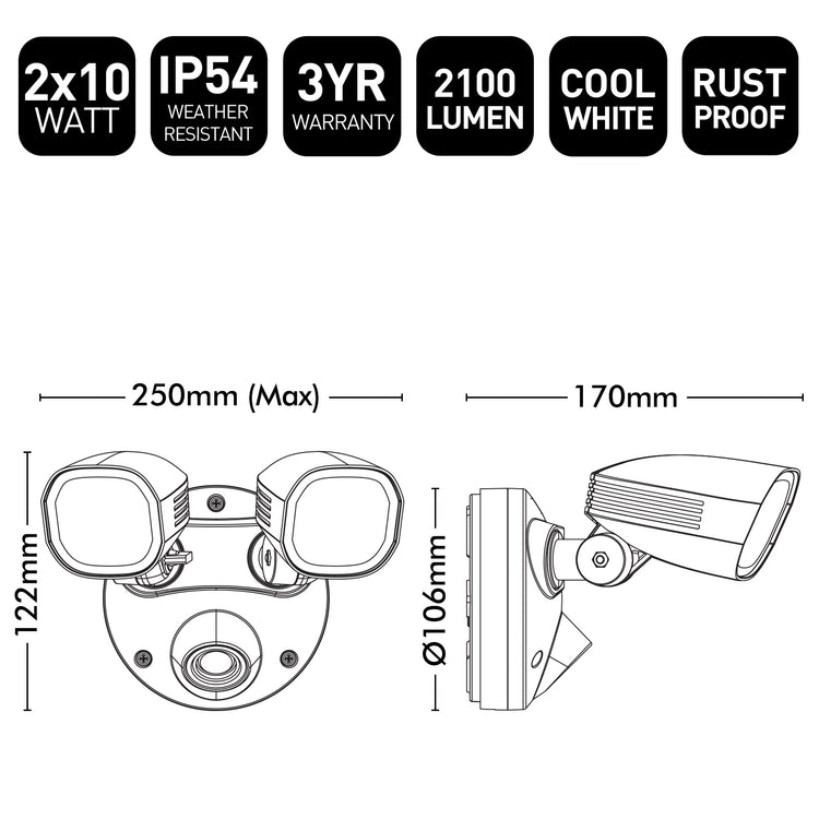 Technical specifications and dimensions of a LED outdoor light fixture on a white background.