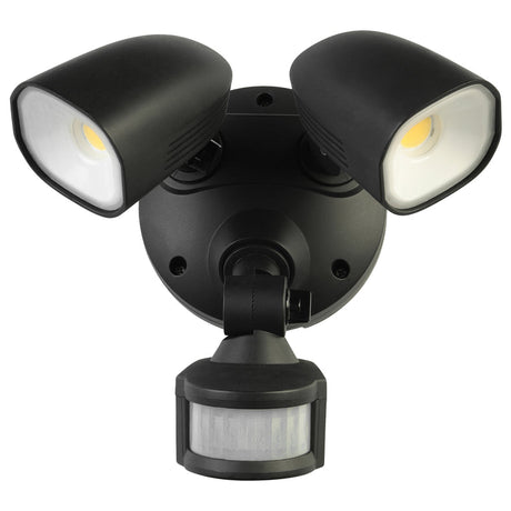 Black outdoor security light with two floodlights and a motion sensor on a white background