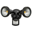 Black outdoor security light with dual floodlights on a white background