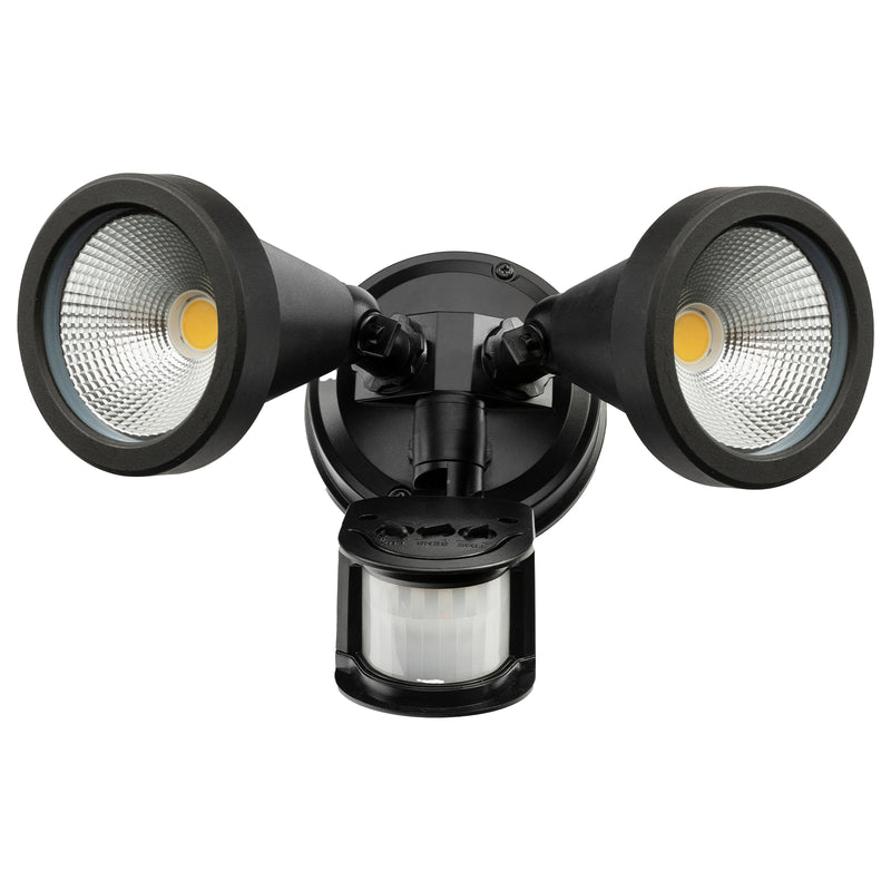 Black outdoor security light with dual floodlights on a white background