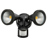Black outdoor security light with dual floodlights on a white background