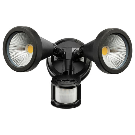 Black outdoor security light with dual floodlights on a white background