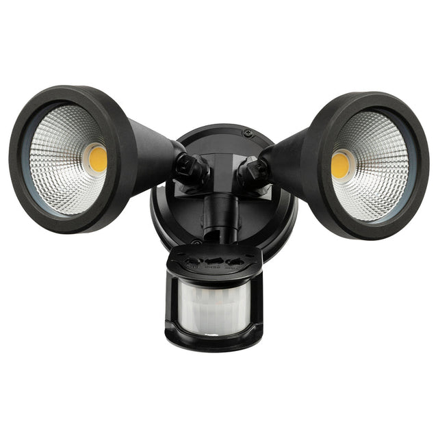 Black outdoor security light with dual floodlights on a white background