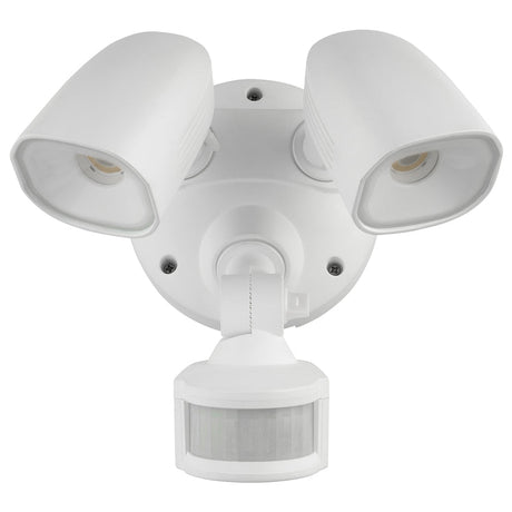 White outdoor security light with two floodlights and a motion sensor on a white background