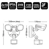 Technical specifications and dimensions of a LED light fixture on a white background