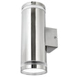 Stainless steel outdoor wall light fixture on a white background