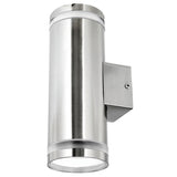 Stainless steel outdoor wall light fixture on a white background