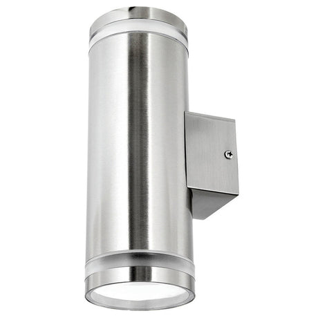 Stainless steel outdoor wall light fixture on a white background