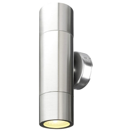 Chrome outdoor wall light fixture on a white background