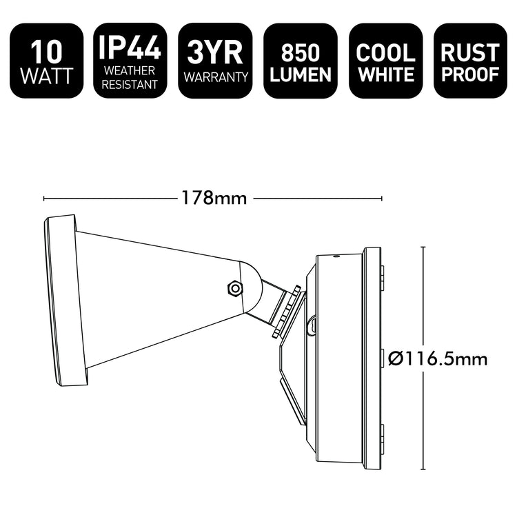 Technical diagram of a light fixture with specifications and dimensions on a white background.