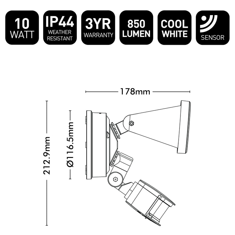 Technical diagram of a light fixture with specifications on a white background