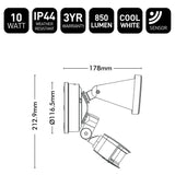 Technical diagram of a light fixture with specifications on a white background