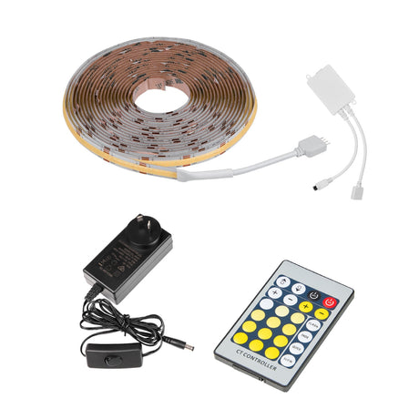LED strip light set with power adapter and remote control on a white background