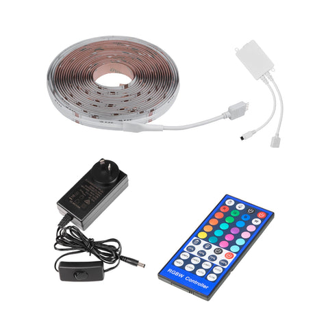 LED strip light kit with power adapter, remote control, and connectors on a white background